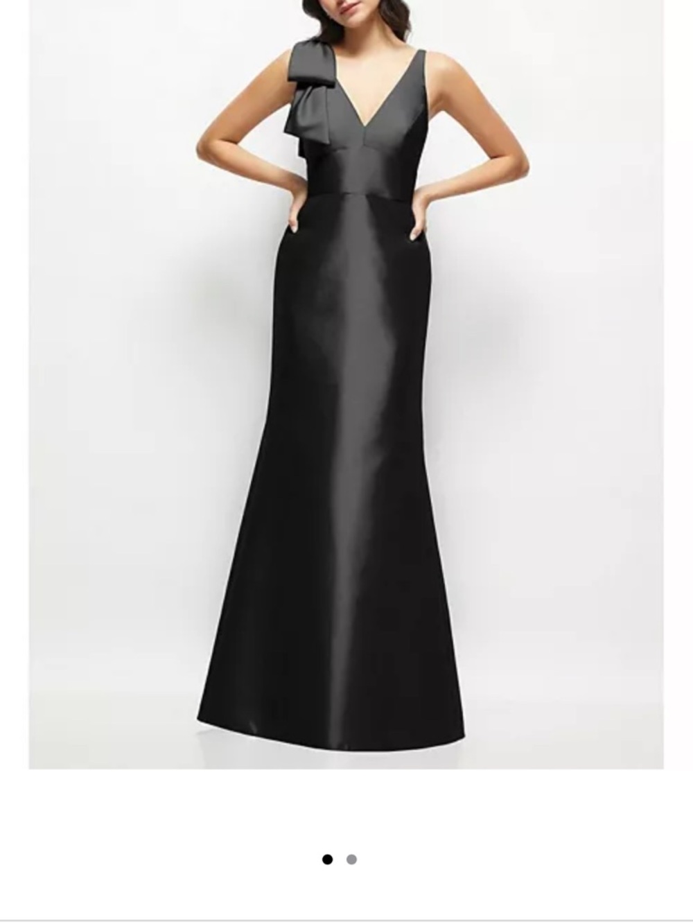 ALFRED SUNG Deep V-back Satin Trumpet Dress with Cascading Bow at One Shoulder